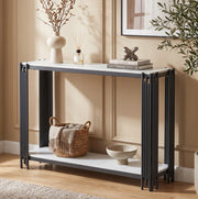 Tavolo Consolle Moderno con 2 Ripiani, Effetto Marmo Bianco, Struttura in Metallo Nero, L123.5 x P33.5 x H80 cm