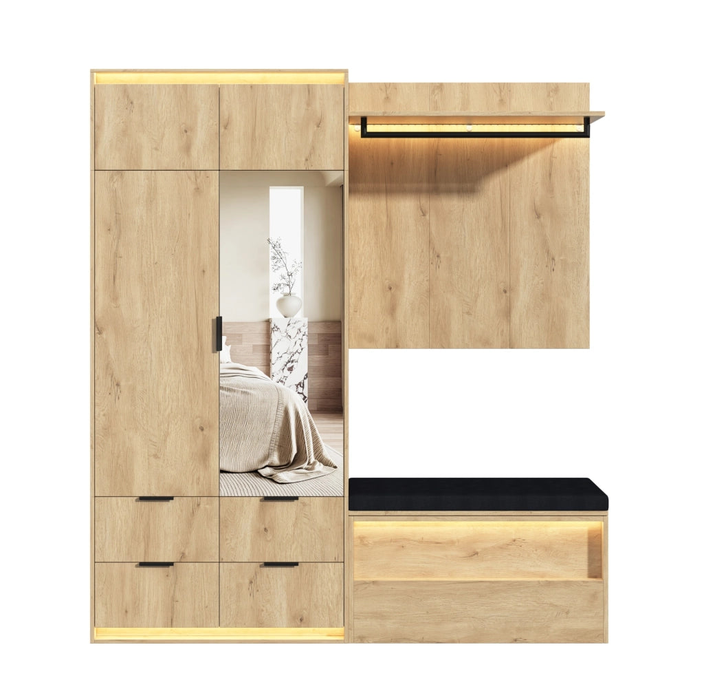 Set guardaroba da ingresso con LED; specchio e panca imbottita; 180 ¡Á 47 ¡Á 200 cm; MDF