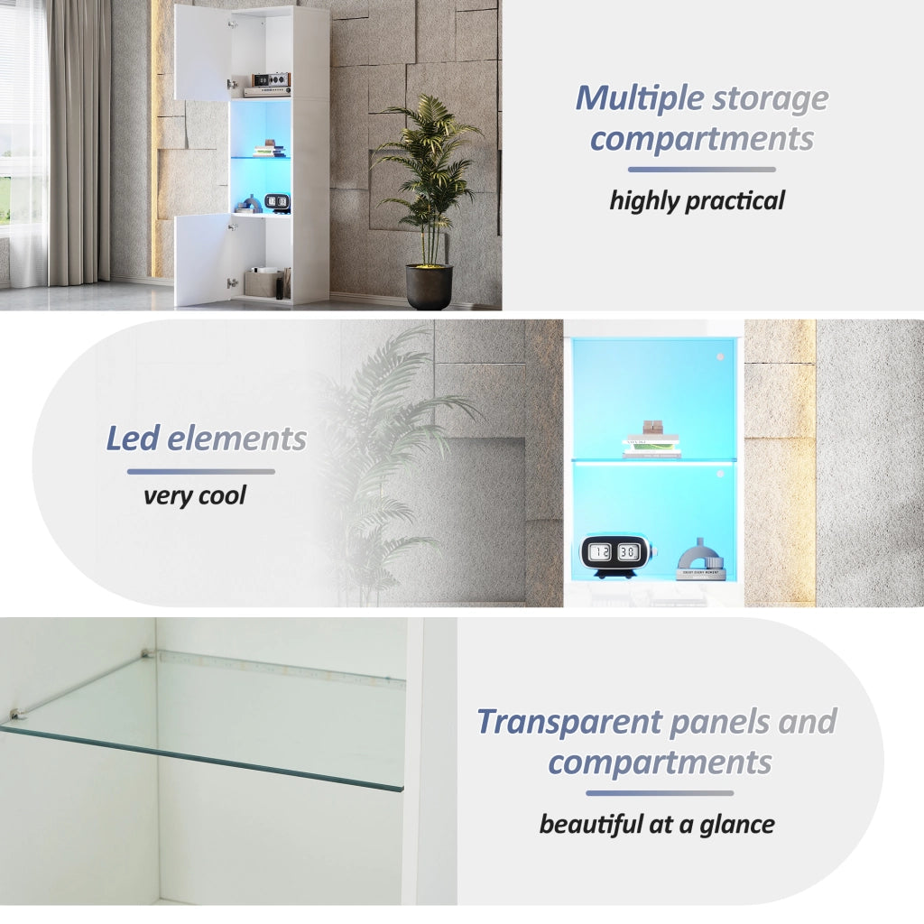 Vetrina alta con LED Bluetooth e ripiano in vetro temperato in truciolare bianco lucido 45 × 35 × 160 cm