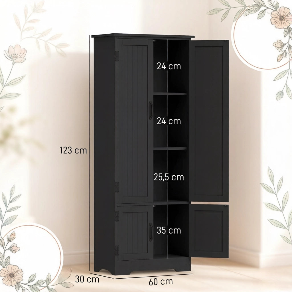 Mobile colonna da cucina con 4 ante e 3 ripiani in MDF e truciolare nero 60 × 30 × 123 cm