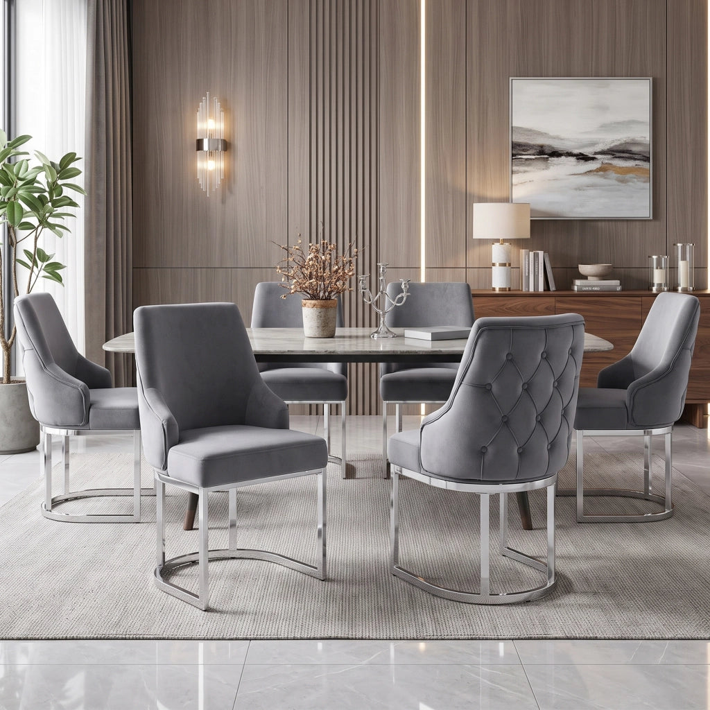 Sedie da sala da pranzo set di 2 con schienale trapuntato e gambe metalliche, in velluto grigio e argento