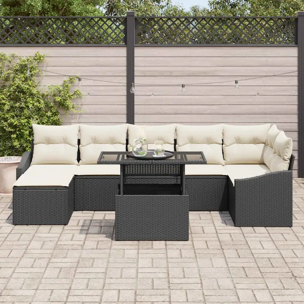 Set Divano da Giardino 8 pcs Nero e Crema polyrattan