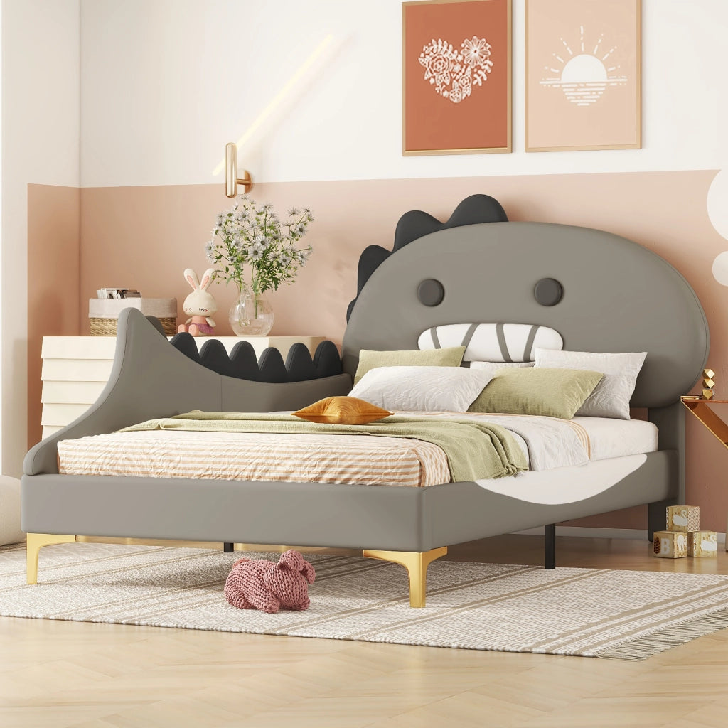 Letto singolo 90 × 200 cm con testiera a dinosauro in PU e MDF grigio