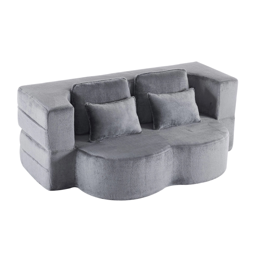 Divano letto moderno blu-grigio in flanella con schiuma ad alta densità e 4 cuscini, senza montaggio, per soggiorno e camera degli ospiti
