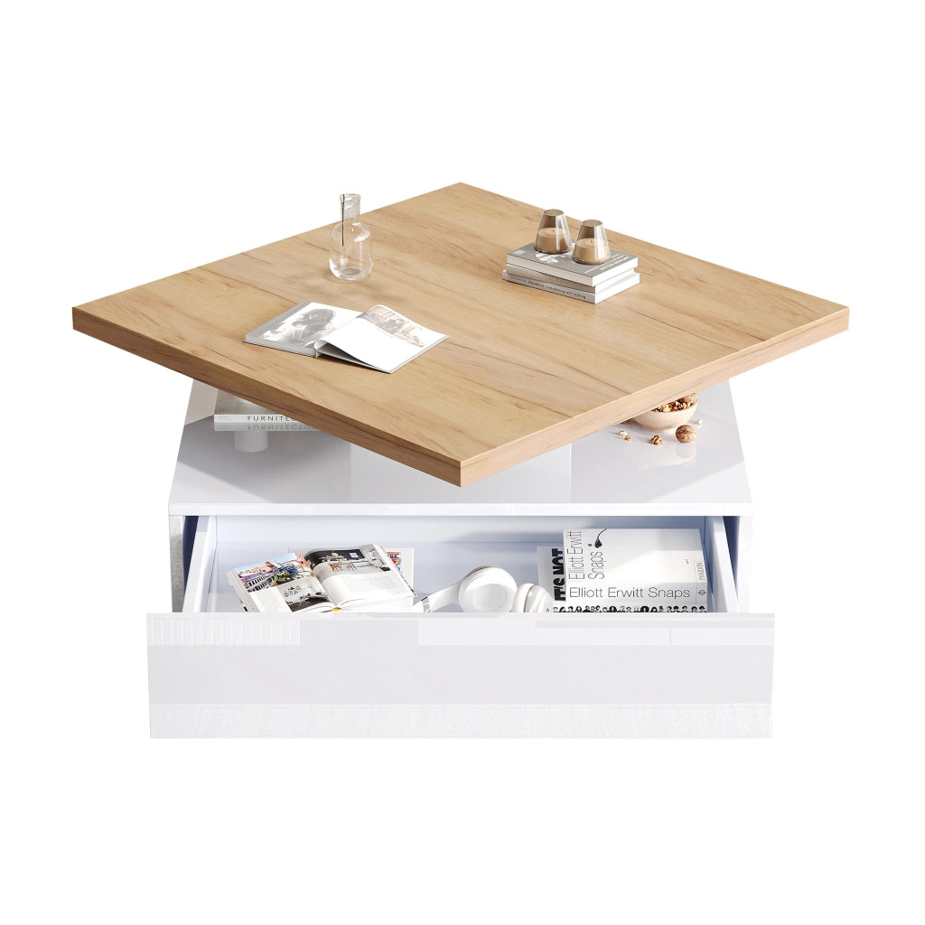 Tavolino multifunzione quadrato con rotazione 360°, struttura in truciolato noce e bianco lucido, 70x70x36 cm