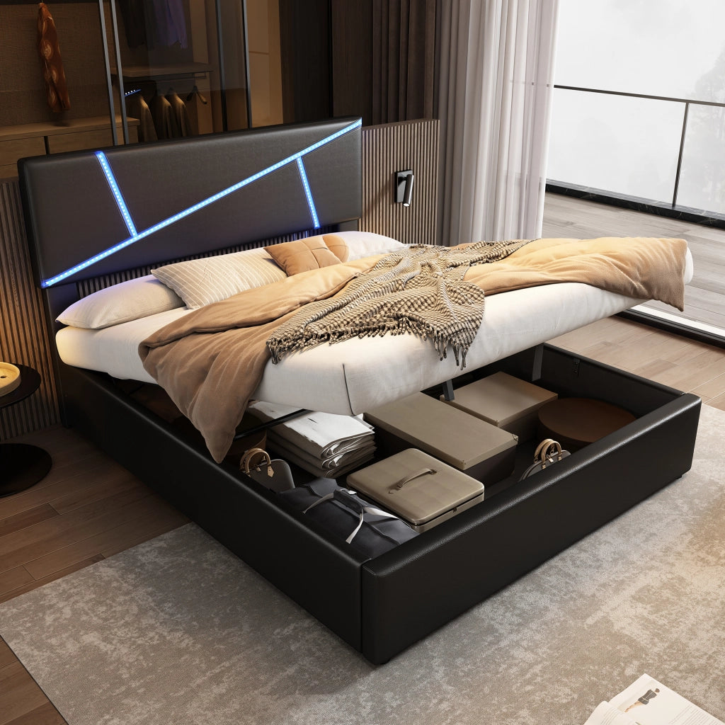 LETTO Contenitore 140x200 cm con LED PU Nero