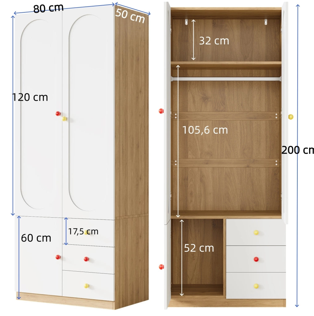 Armadio guardaroba bianco per bambini con 2 ante, 3 cassetti, bastone appendiabiti e maniglie in ceramica colorata, 80x50x200 cm