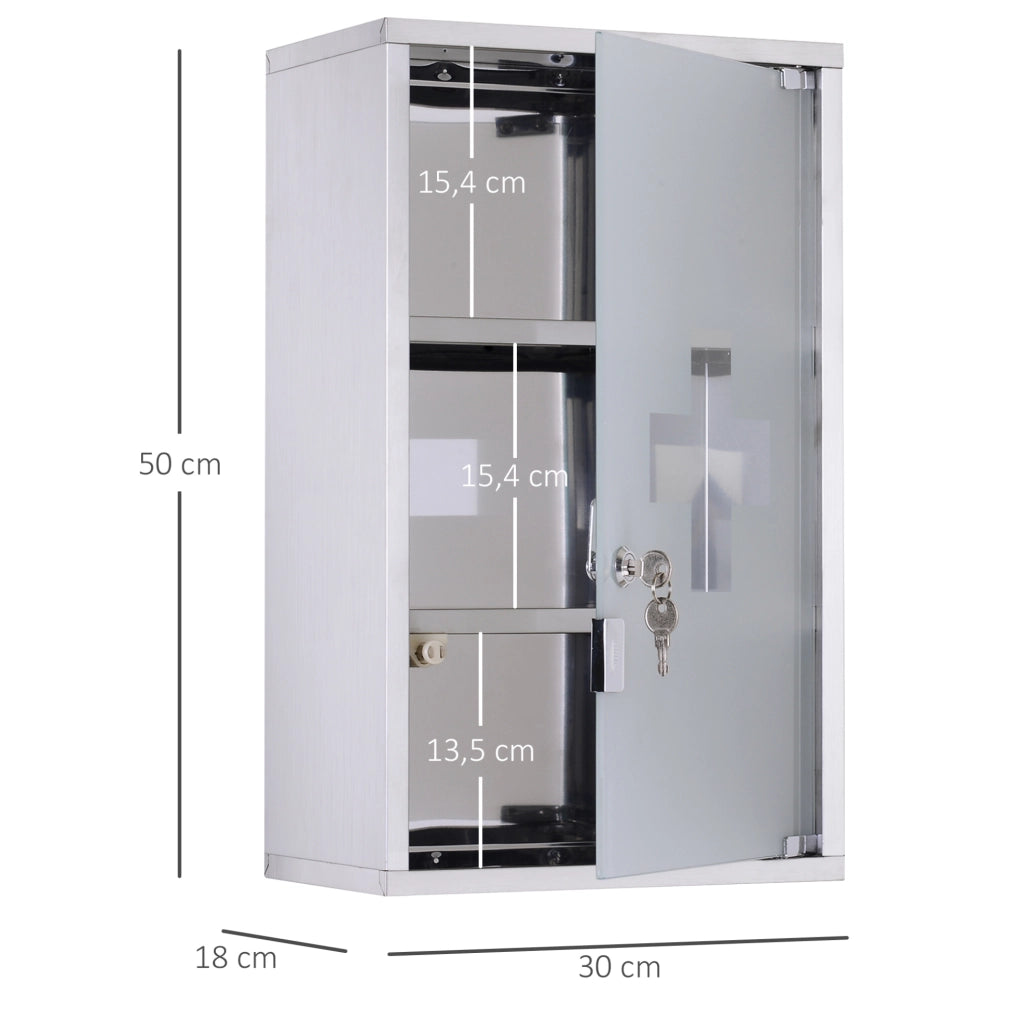 Armadio Medicina in Acciaio Inox con Serratura, 30x12x60 cm, Porta in Vetro Satinato con Croce di Primo Soccorso