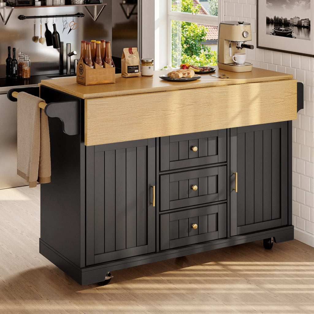 Mobile base da cucina con piano pieghevole su due lati; 3 cassetti; 2 ante; ruote e ripiani regolabili
