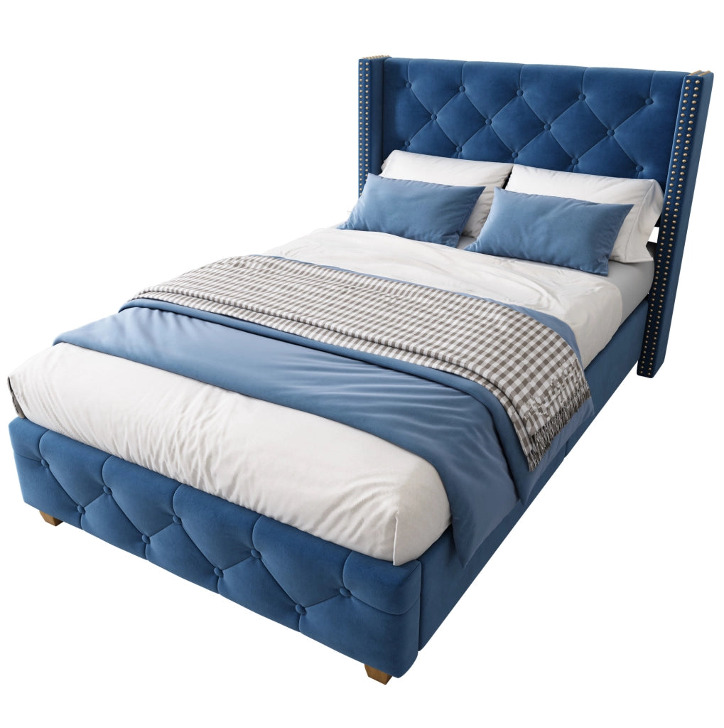 Letto imbottito in velluto blu 90x200 cm; testiera con bottoni e borchie; 12 doghe
