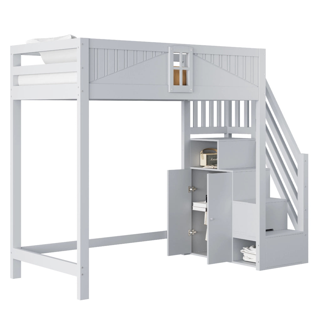 Letto a soppalco in legno massiccio 90x200 cm con scala laterale reversibile e pannello di sicurezza con finestra, colore grigio