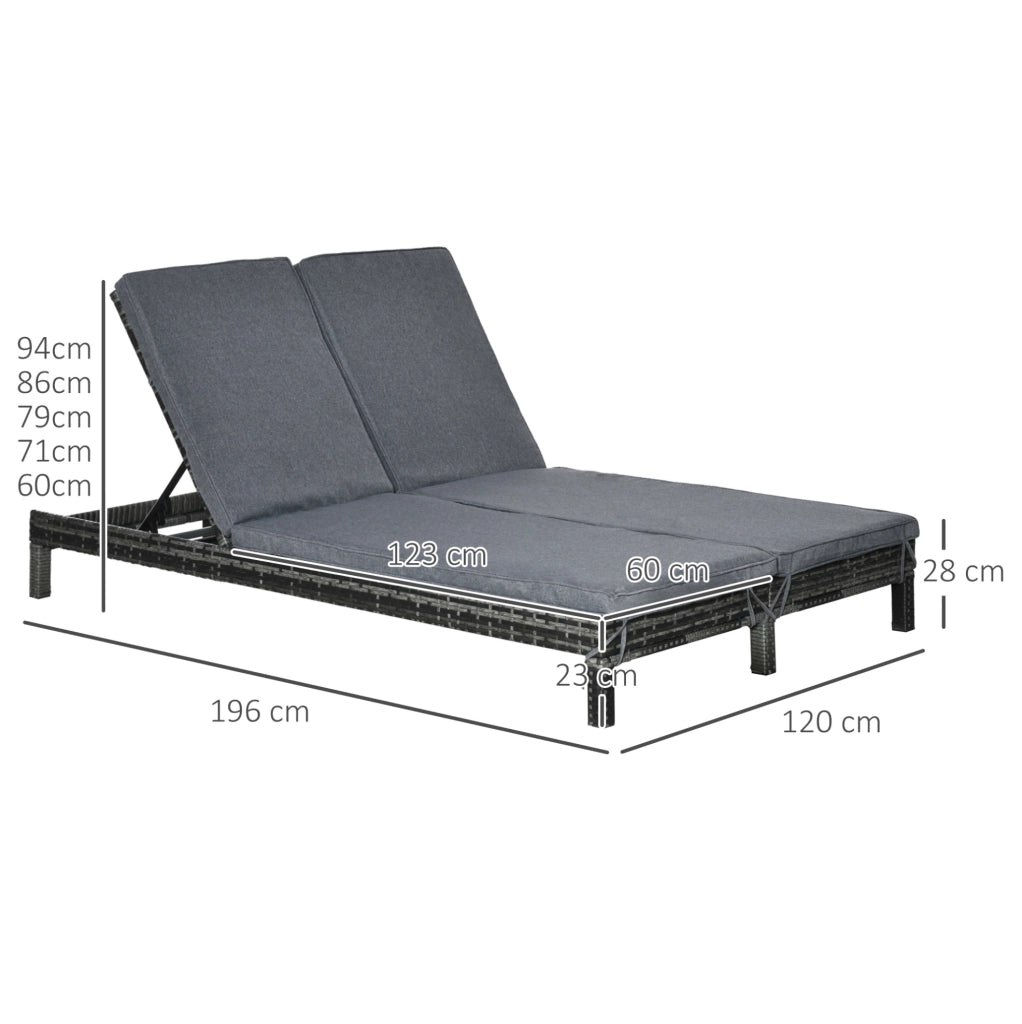 Sdraio da giardino in polyrattan per 2 persone con schienale regolabile a 5 posizioni, struttura in metallo 196x120x28 cm