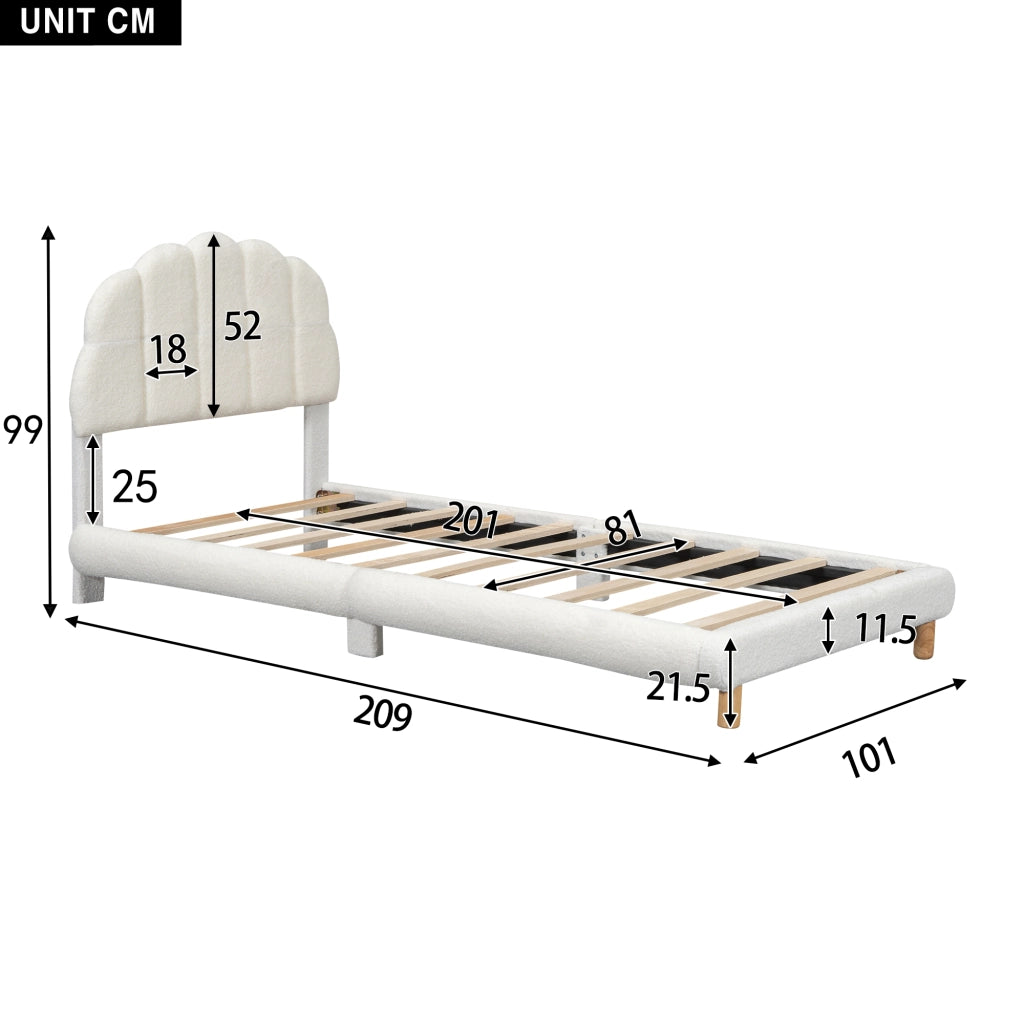 Letto singolo per bambini in peluche 90×200 cm con testiera a fiore, bianco, struttura in MDF con doghe, senza materasso