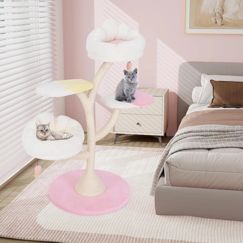 Albero per Gatti, Tiragraffi per Gatti con 2 Piattaforme, Palline Pendenti, Cuscini e Tiragraffi in Sisal, Centro Attività per Gatti Piccoli da Interno, 59 x 59 x 123 cm
