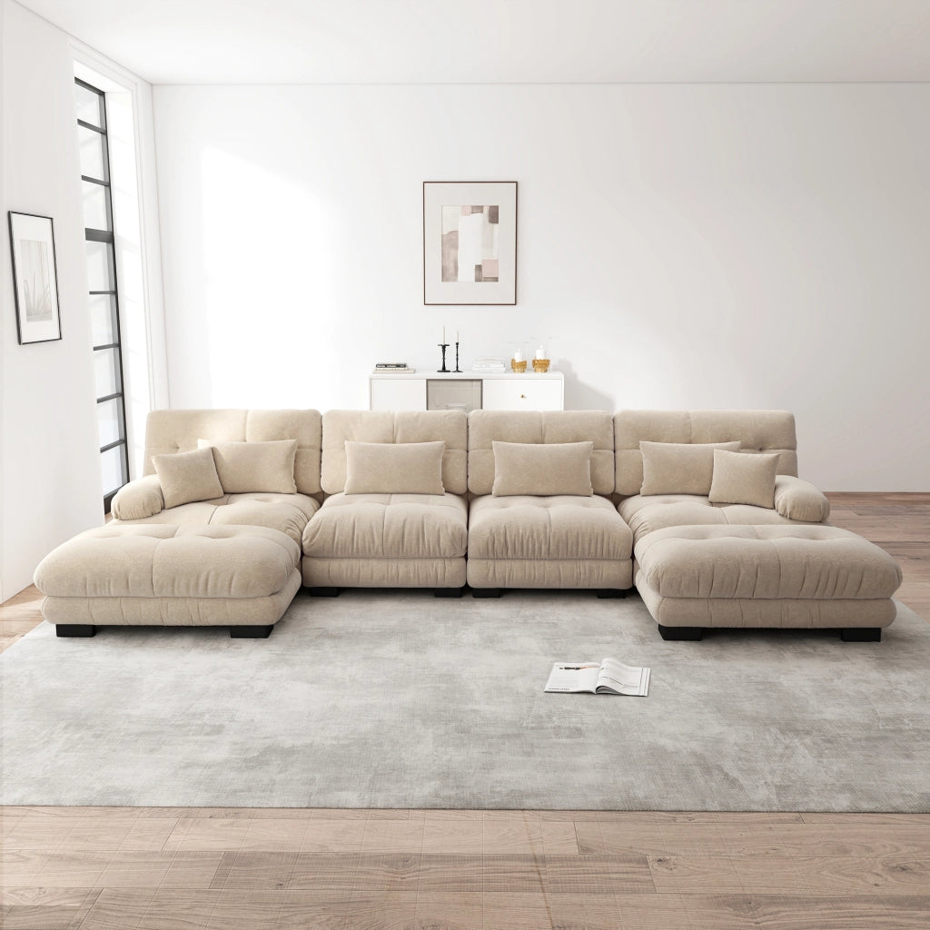 Divano modulare a 4 posti in chenille con ottomane mobili color caffè chiaro