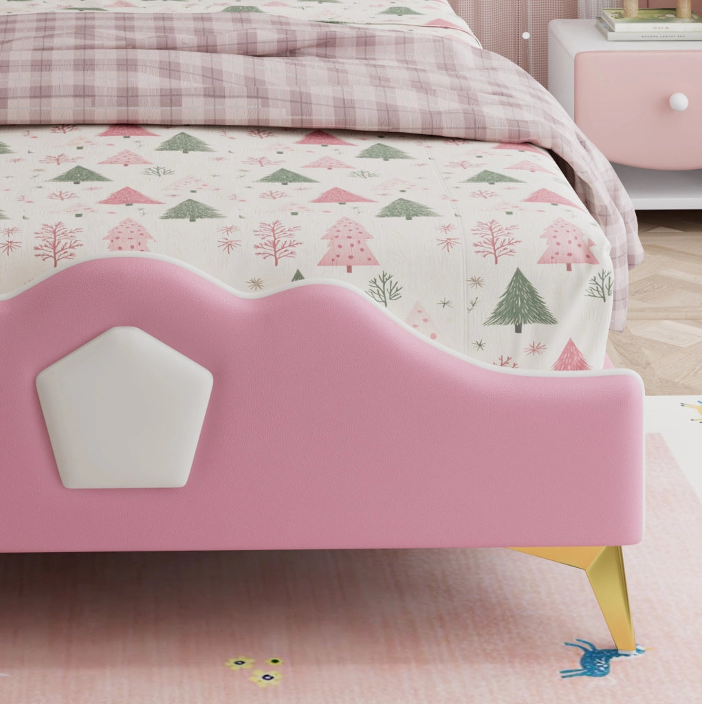 Letto imbottito per bambini 90x200 cm con testiera a corona in PU rosa e bianco