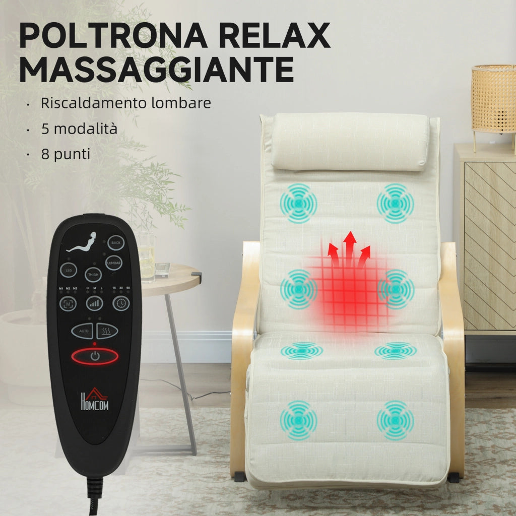 Poltrona Relax Massaggiante Riscaldante ¨C Xylo ¨C Tessuto Crema con Poggiapiedi Regolabile 67x95x101 cm