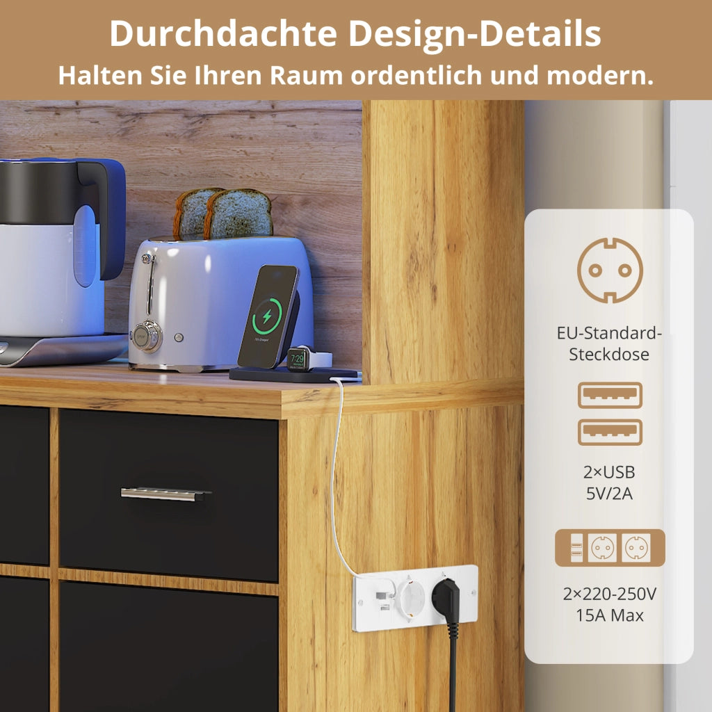 Credenza da cucina alta LED con 6 ante, 3 cassetti e prese USB, per cucina, MDF naturale e nero, 100 × 40 × 180 cm