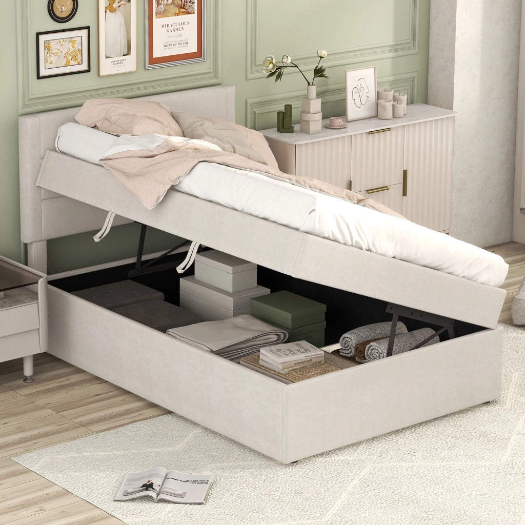 Letto Singolo 90x200 cm Contenitore con Rete a Doghe; in Legno Massello e MDF; Beige