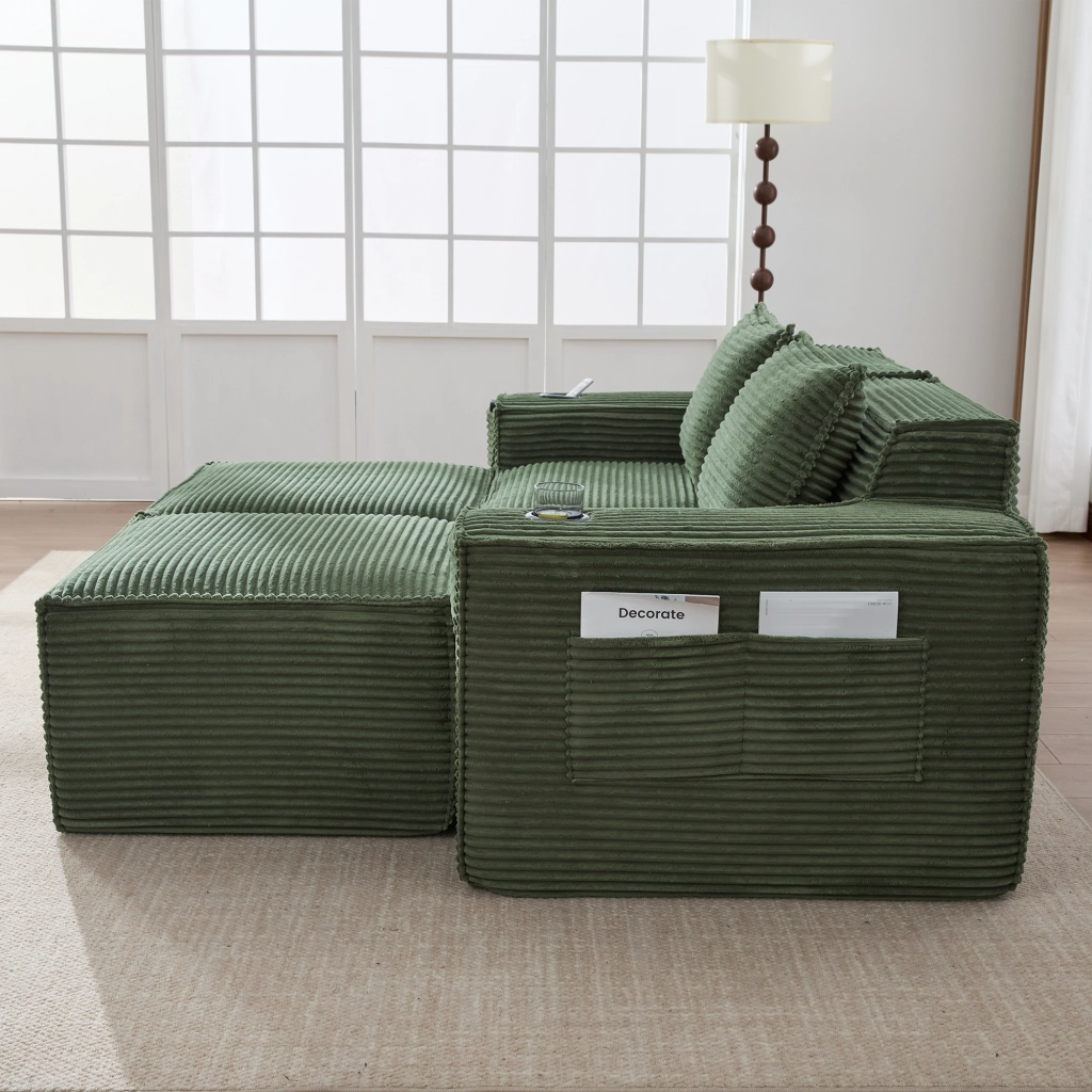 Divano modulare 2 posti con pouf, porta bicchieri e tasche laterali, verde