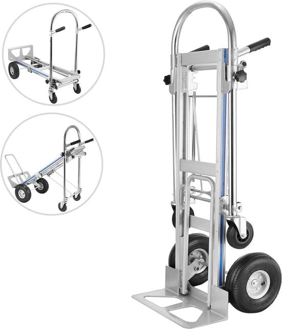 Carrello a Mano 3 in 1 - Alluminio - Due 10 pollici Pneumatici e Due 5 pollici Ruote - 1 Paratia - per Casa, Industria, Ufficio, Scuola, Laboratorio, Magazzino, Fabbrica, Trasporto - Argento