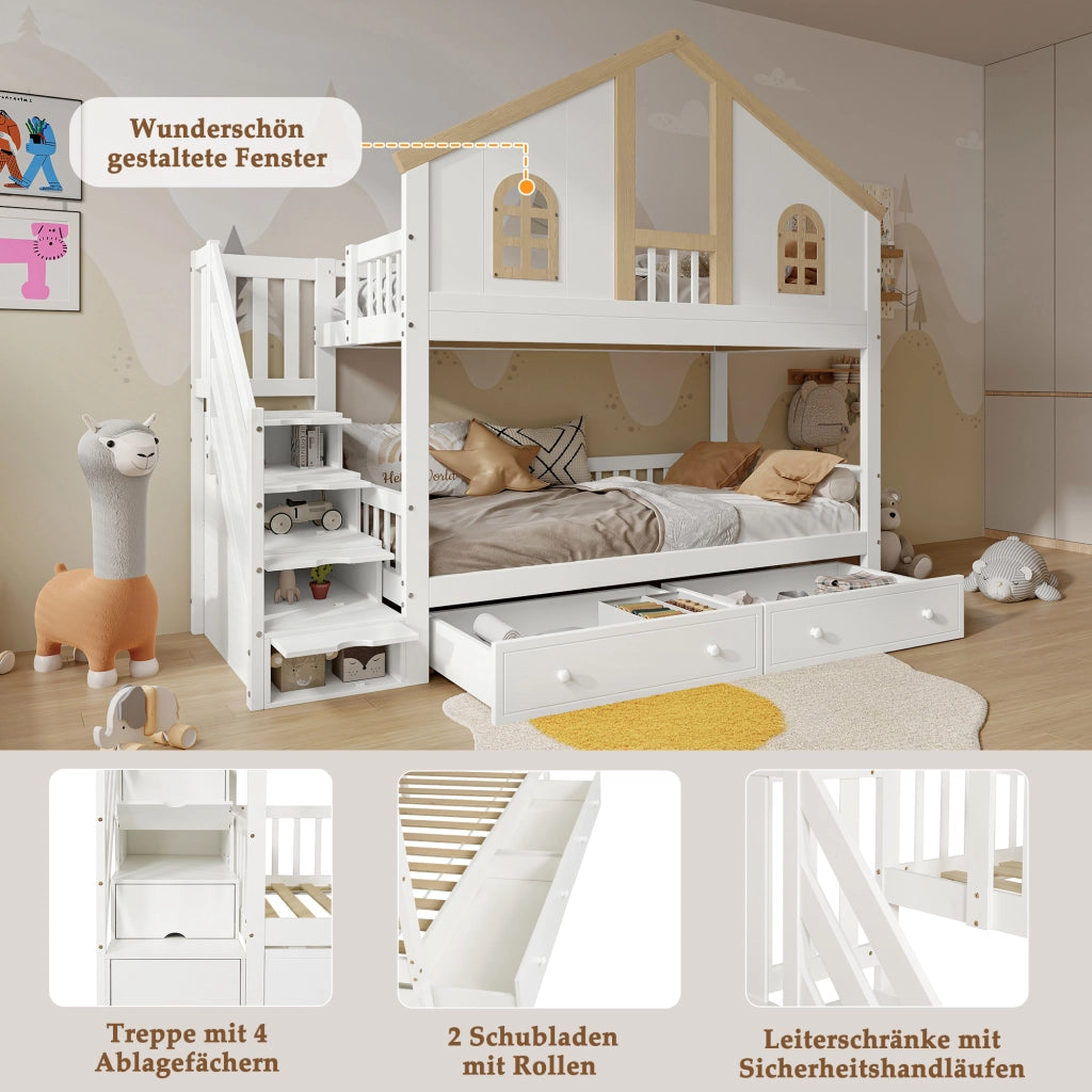 Letto a castello per bambini 90 × 200 cm con scala contenitore in legno bianco e naturale con cassetti e sponde