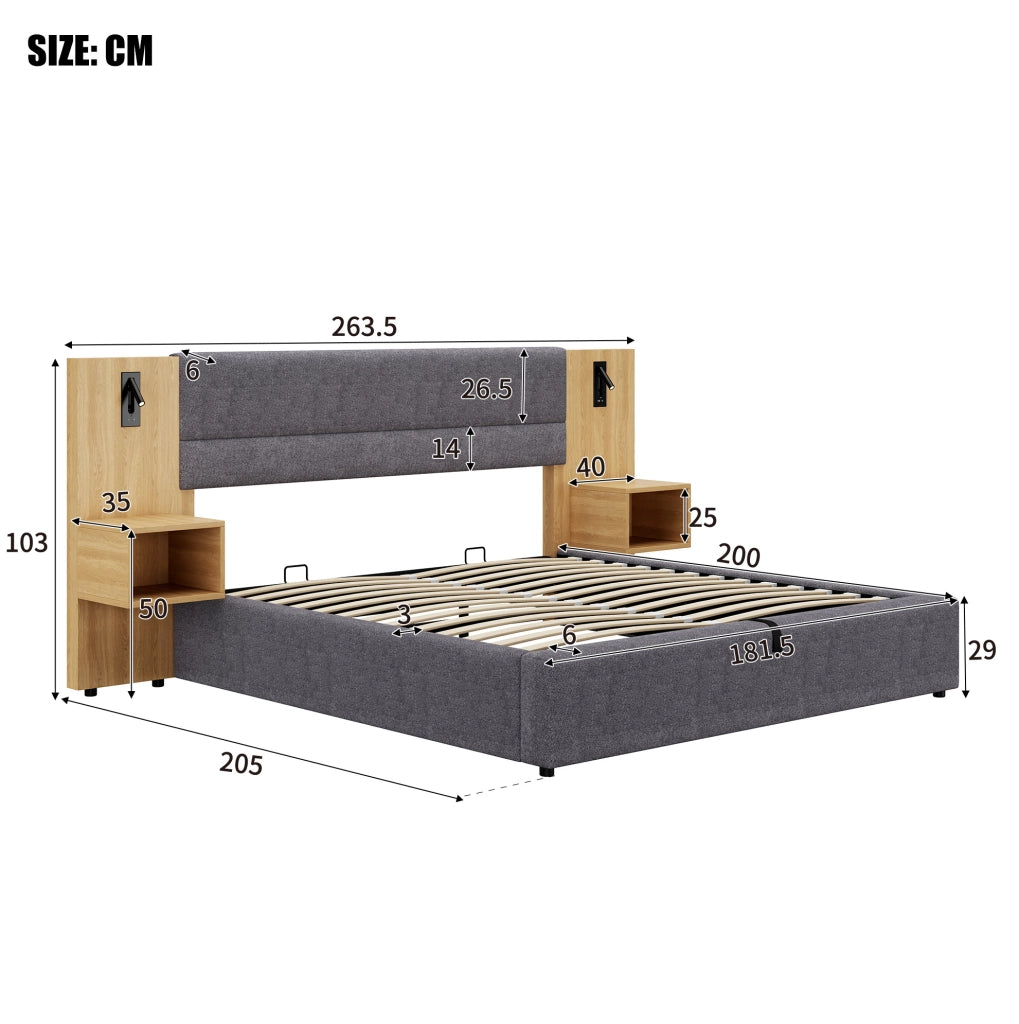 Letto imbottito 180x200 cm con contenitore, USB e comodini