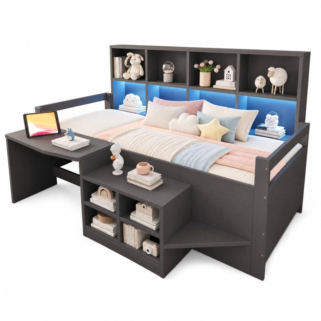 Letto a soppalco 90 × 200 cm con scrivania contenitori LED USB presa elettrica e scala in legno grigio
