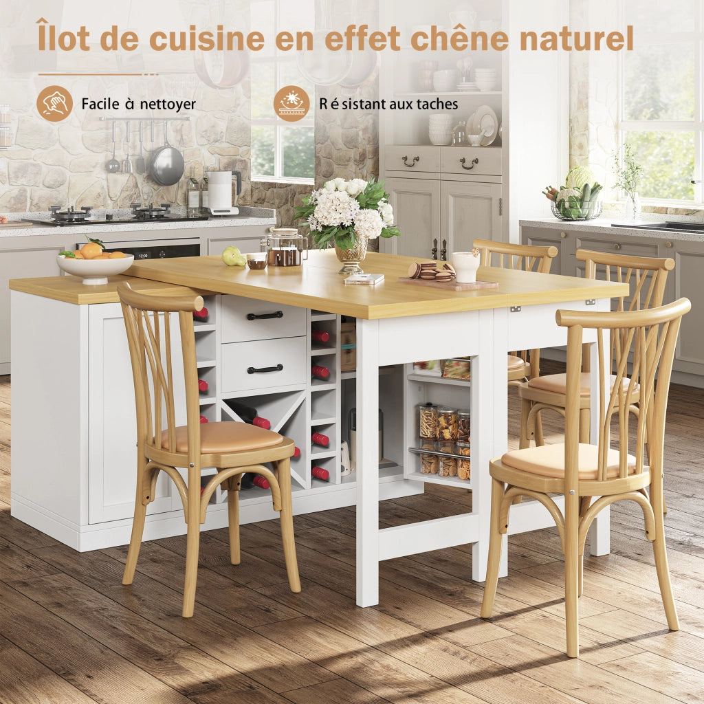 Tavolo da cucina con piano girevole 360° portabottiglie estraibile e portarifiuti bianco 120–223 × 40 × 73.8 cm