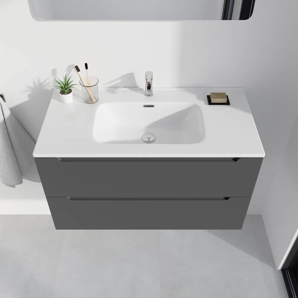 Mobile bagno sospeso 90cm grigio opaco due cassetti soft-close con lavabo bianco lucido | Bako