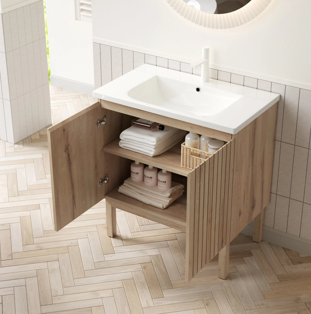 Mobile bagno indipendente NIKO 80 cm con lavabo in ceramica bianca e armadietto a righe in effetto legno di quercia bianca