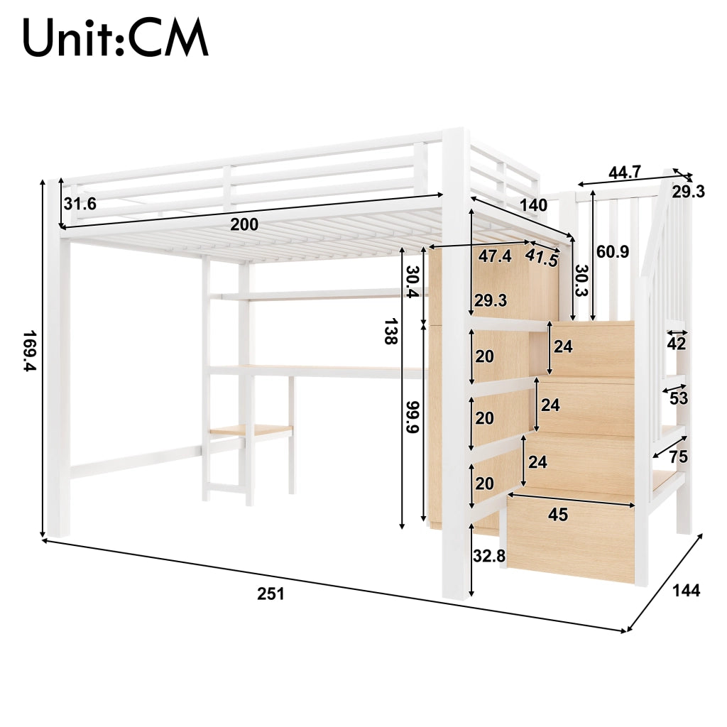 Letto a Soppalco 140x200 cm con Scrivania; Armadio; Mensola LED; Scala - Bianco