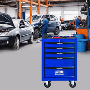 Carrello porta attrezzi mobile in acciaio con 5 cassetti e ruote, 60x33x77,5 cm, nero e blu