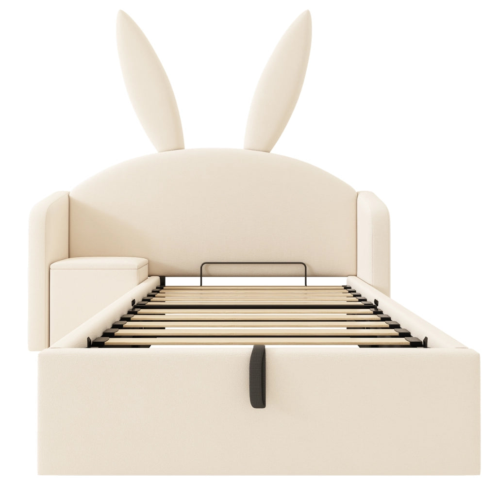 Letto per bambini 90 × 190 cm con contenitore idraulico e comodino; senza materasso; in velluto beige