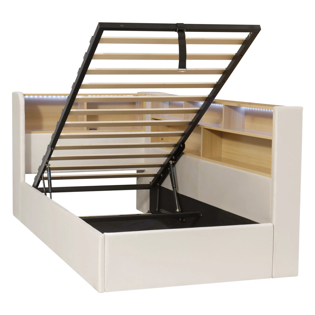 Daybed imbottito con contenitore idraulico, LED e USB, 90x200 cm, velluto beige