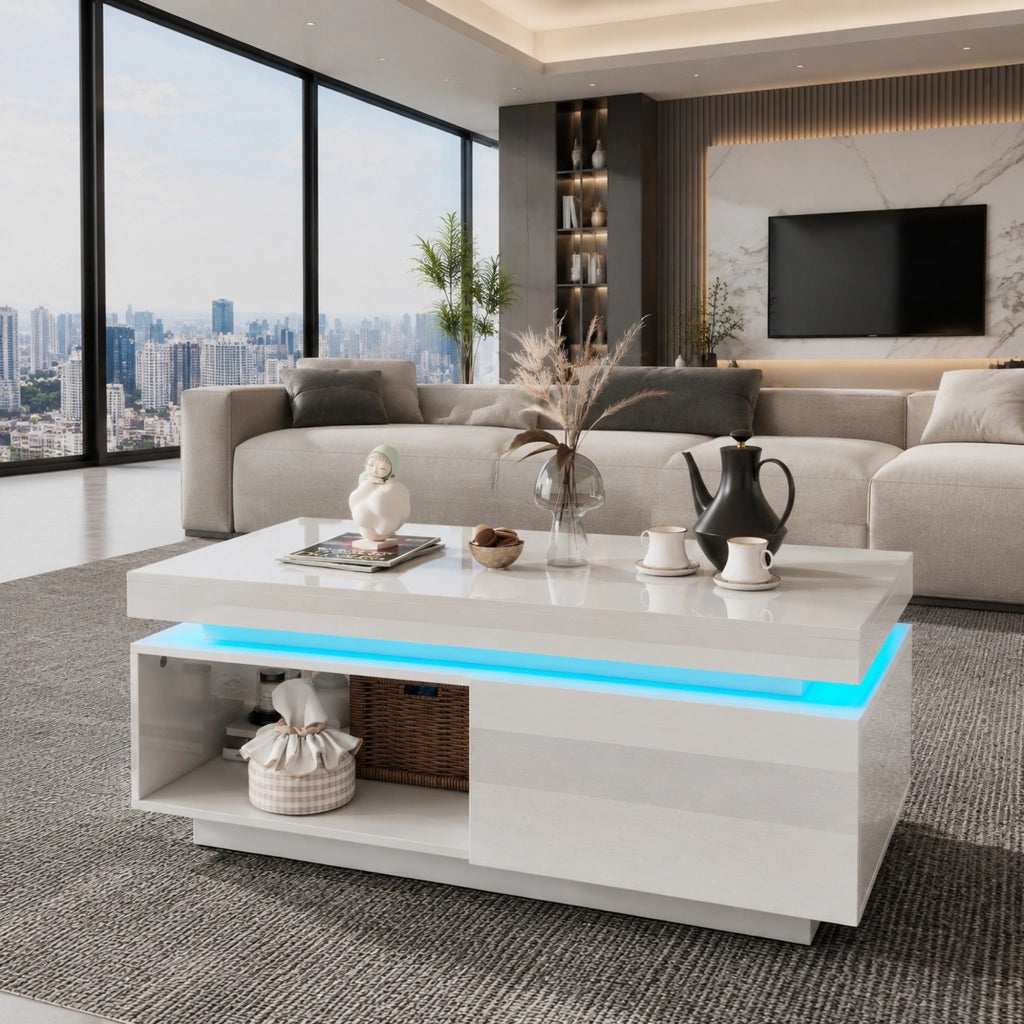 Set soggiorno con mobile TV 181 cm e tavolino da salotto LED bianco lucido HOMVRA