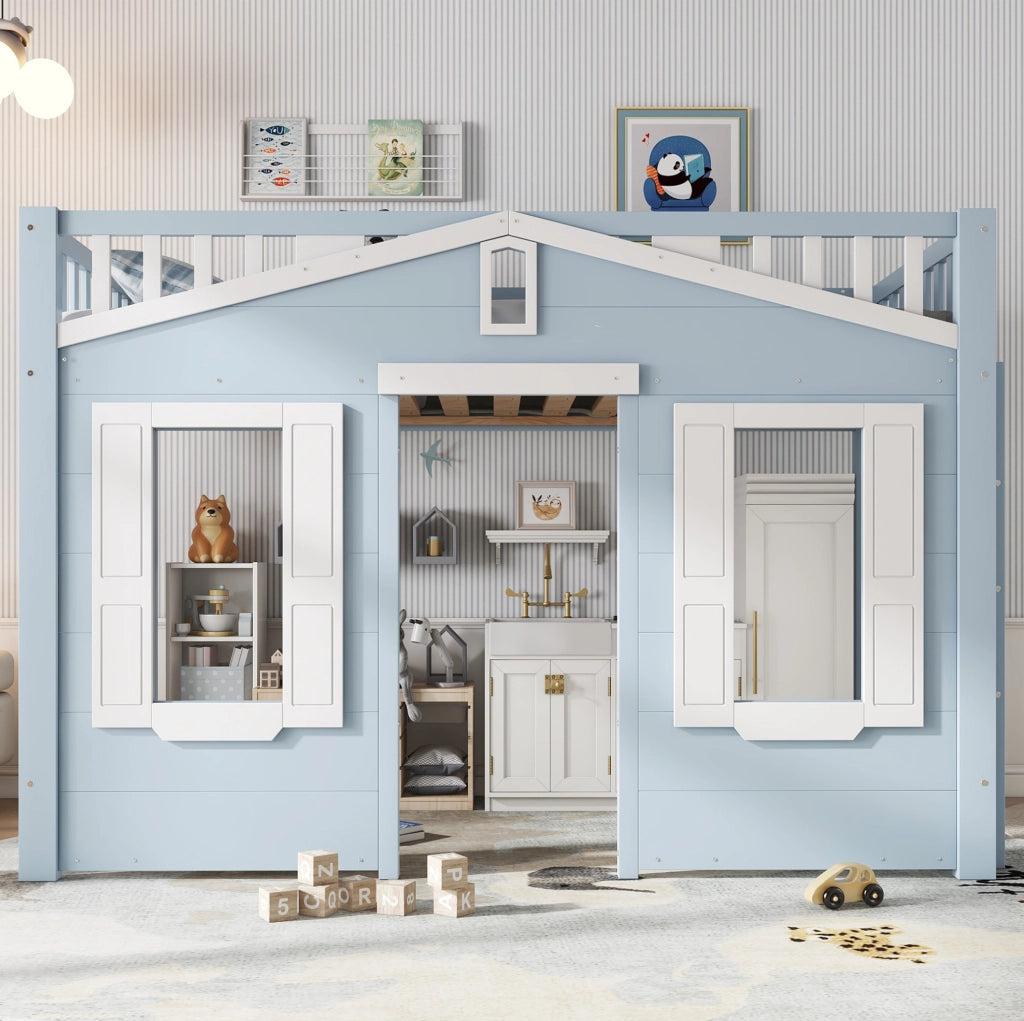 Letto a castello per bambini con scala reversibile e finestra decorativa