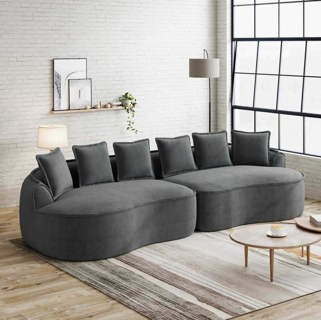 Divano modulare quattro posti in tessuto chenille grigio, senza struttura, dimensioni extra large con chaiselongue profonda e cuscini inclusi