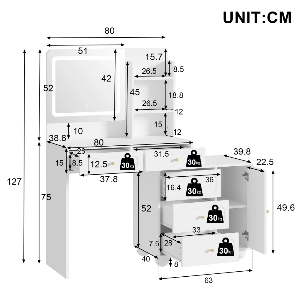 Tavolo da trucco 80x39;8x127 cm con specchio LED a 3 modalità; 5 cassetti; anta e ripiani; bianco