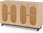 Credenza in Rattan, Armadio a Buffet con 4 Ante, Ripiani Regolabili in 3 Posizioni e Gambe in Metallo, Mobile Contenitore in Legno per Cucina, Sala da Pranzo e Soggiorno, 126 x 40 x 81 cm