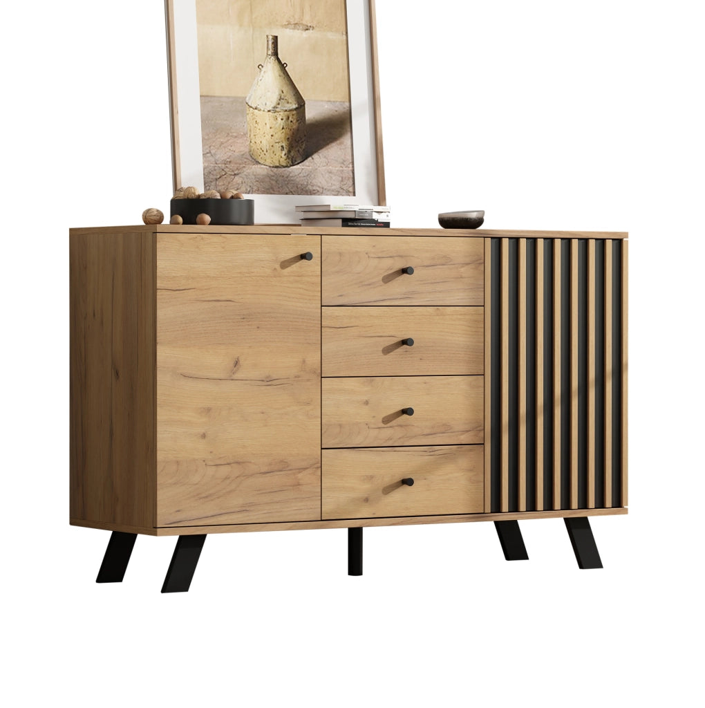 Madia 120 x 38 x 75 cm con 4 cassetti e 2 scomparti; MDF e legno massello; nero e naturale HOMVRA