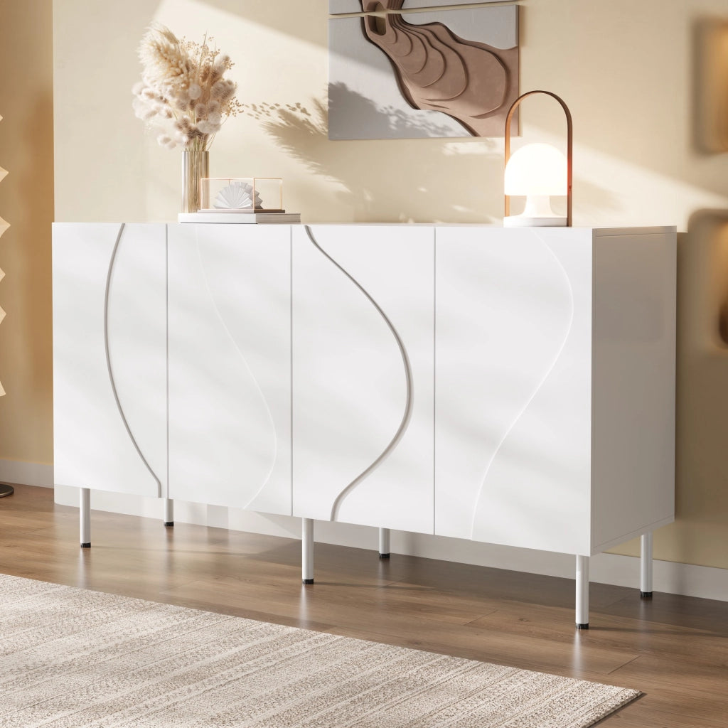 Credenza bianca con ante curve 3D 140 cm senza maniglie MDF e pannello truciolare
