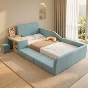 Letto singolo imbottito 90x200 cm con scrivania laterale e sgabello; velluto blu