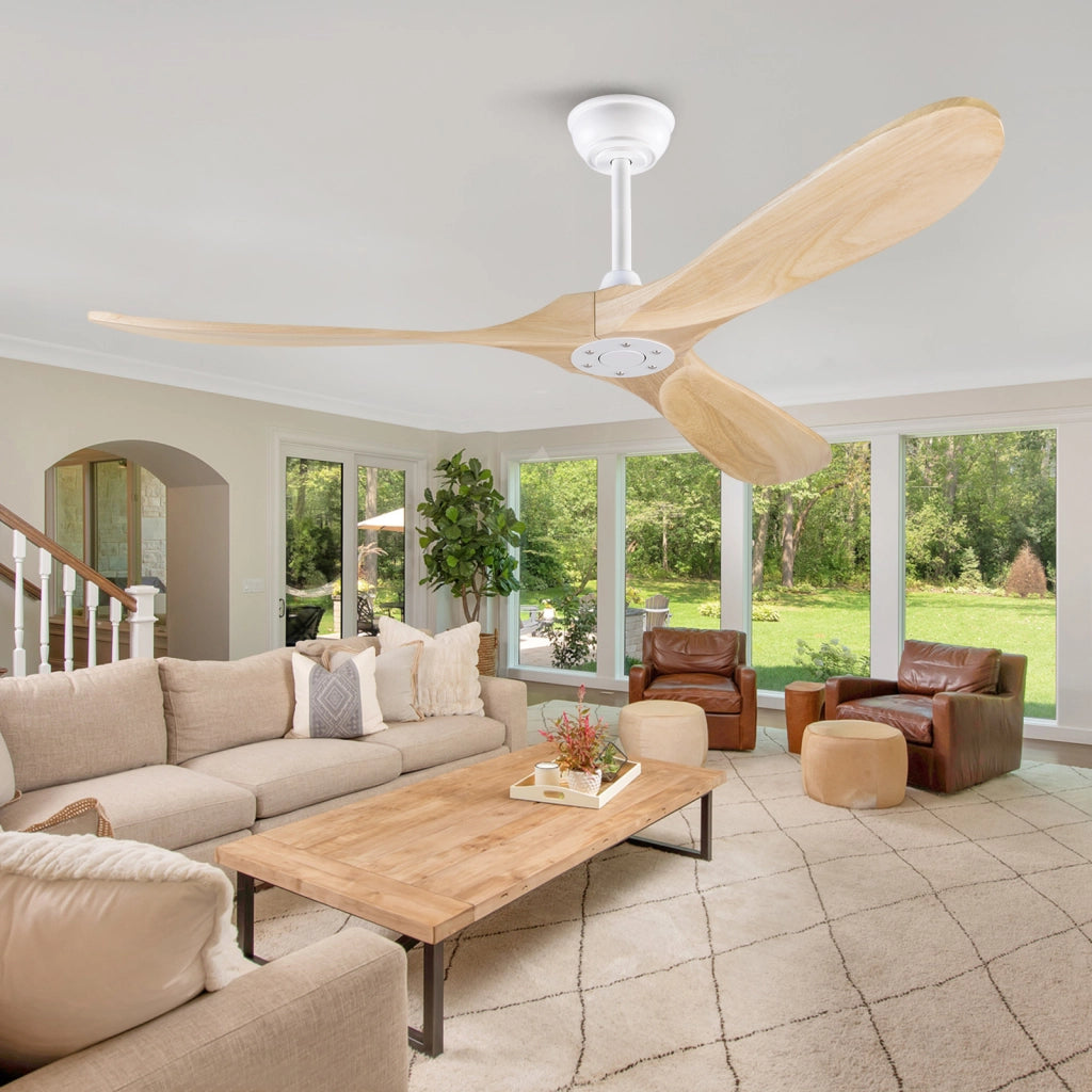 Ventilatore da soffitto senza luce in legno naturale; motore DC silenzioso e telecomando