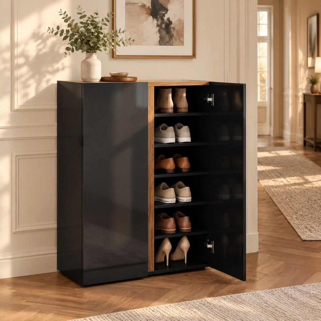 Scarpiera a 6 livelli con ante soft-close senza maniglie; nera