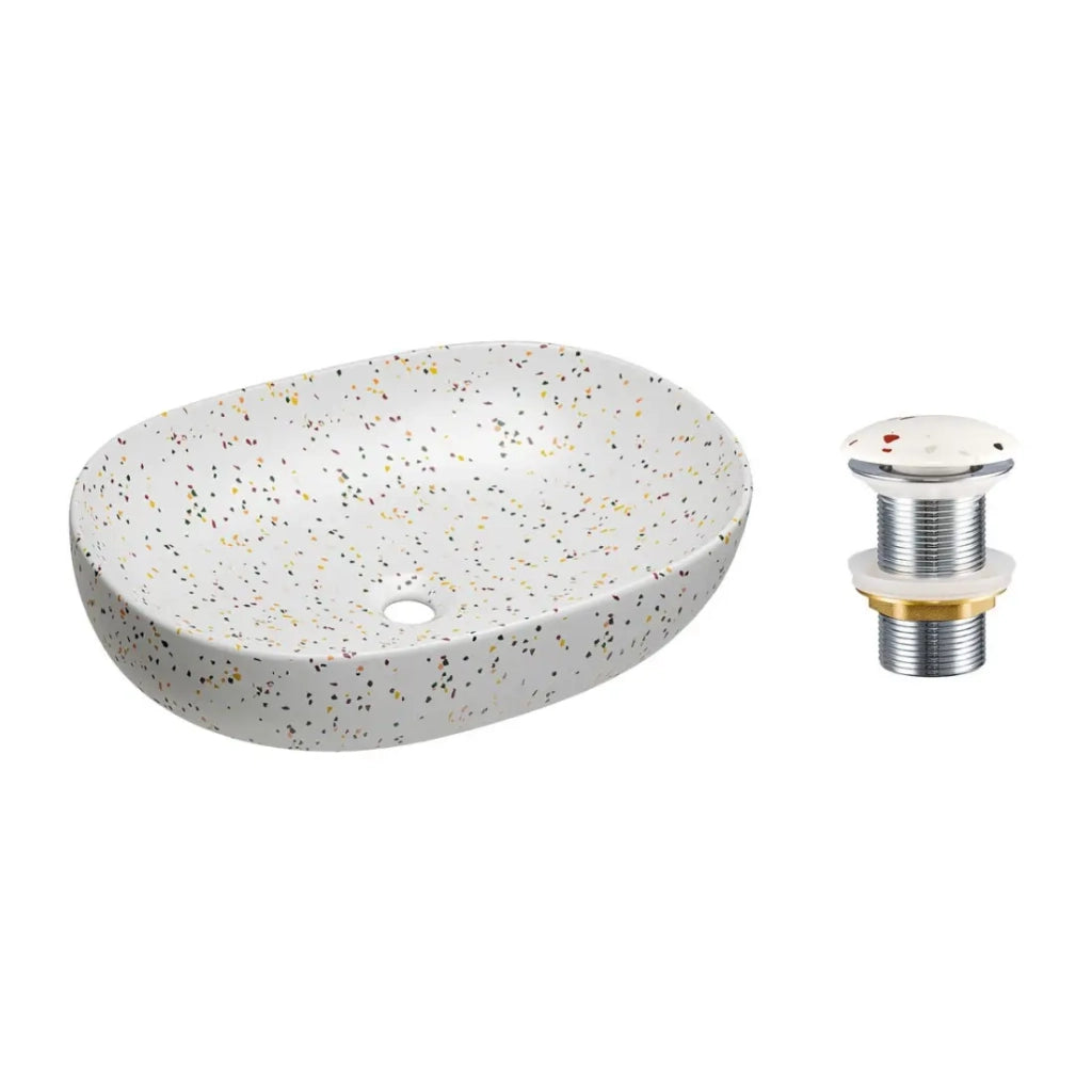 Lavabo ovale da appoggio 60x41,5 cm bianco maculato multicolore con piletta clic clac