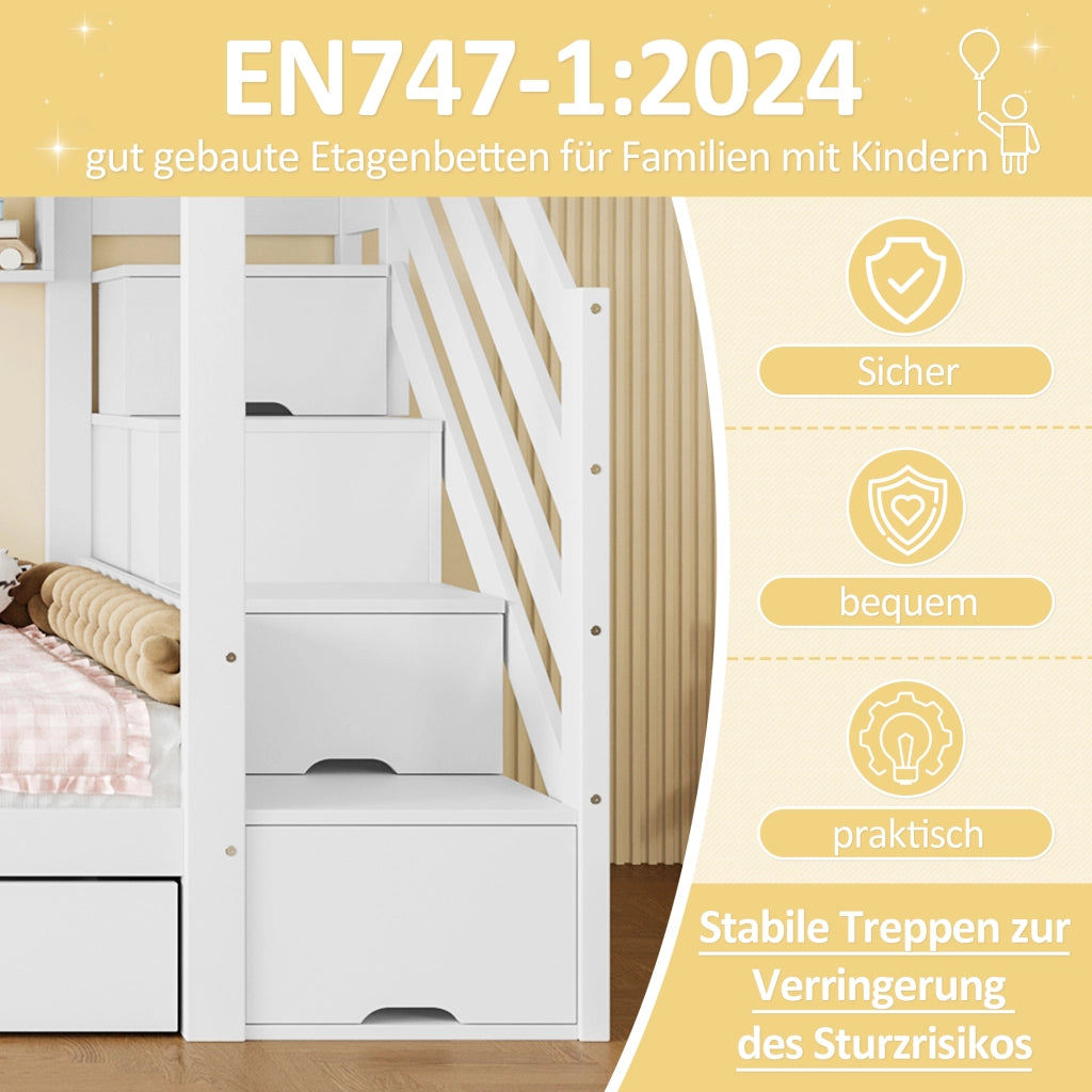 Letto a castello 90 × 200 cm 2 posti con armadio; 2 cassetti; 4 mensole e scala contenitore; senza materasso; bianco