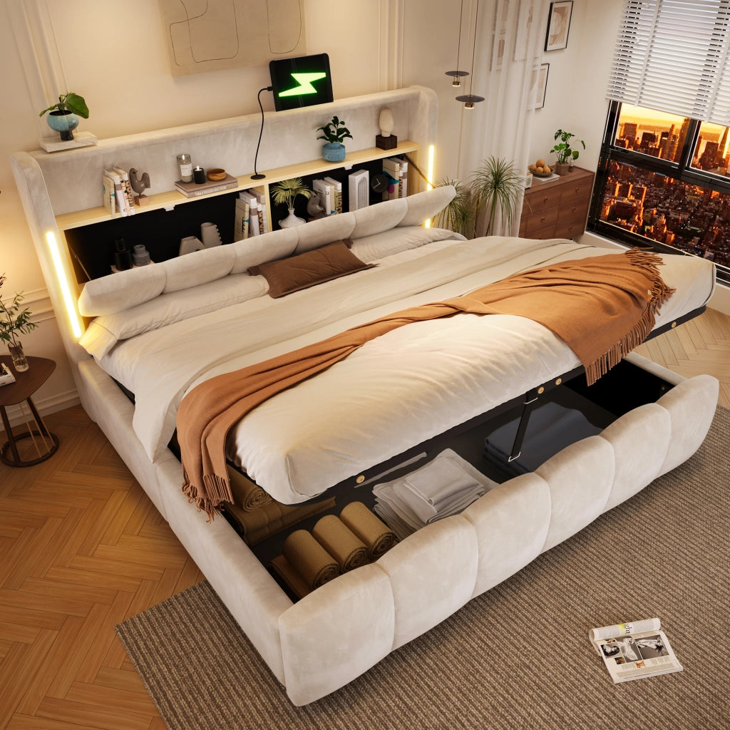 Letto contenitore 180x200 cm; matrimoniale con contenitore idraulico; testiera contenitore; LED; USB e Type-C; velluto; beige
