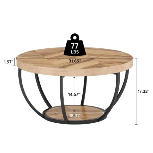 Tavolino basso rotondo a 2 ripiani in legno e metallo, design moderno per soggiorno, ufficio e reception