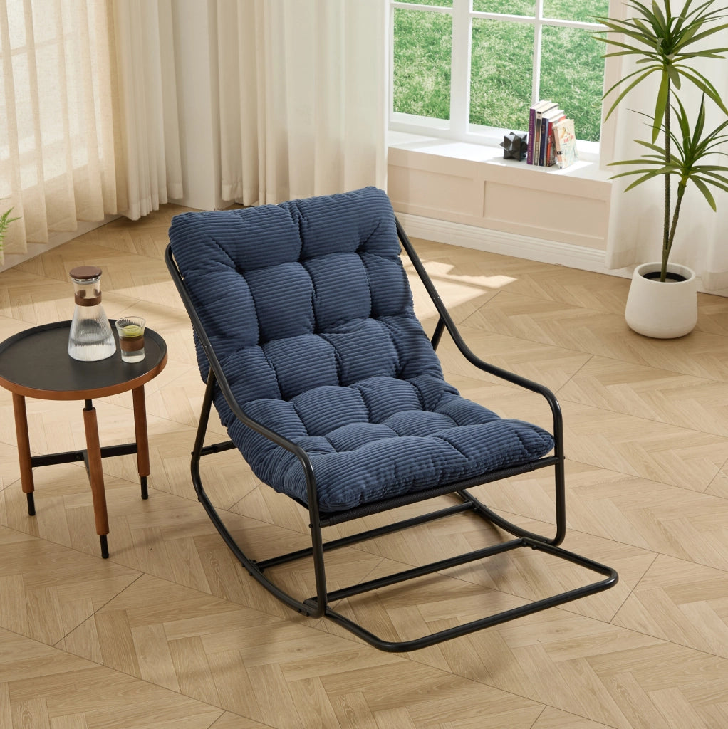 Sedia a Dondolo da Esterno con Cuscino Spesso e Morbido, Telaio Nero e Cuscino Blu Navy, 75x116x82 cm